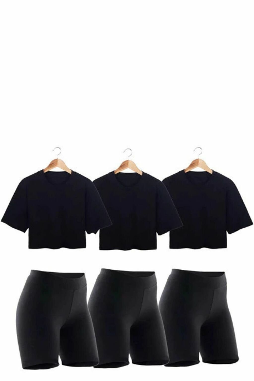 Conjunto de 3 calzas biker y 3 crop tops boxy en color negro para mujer