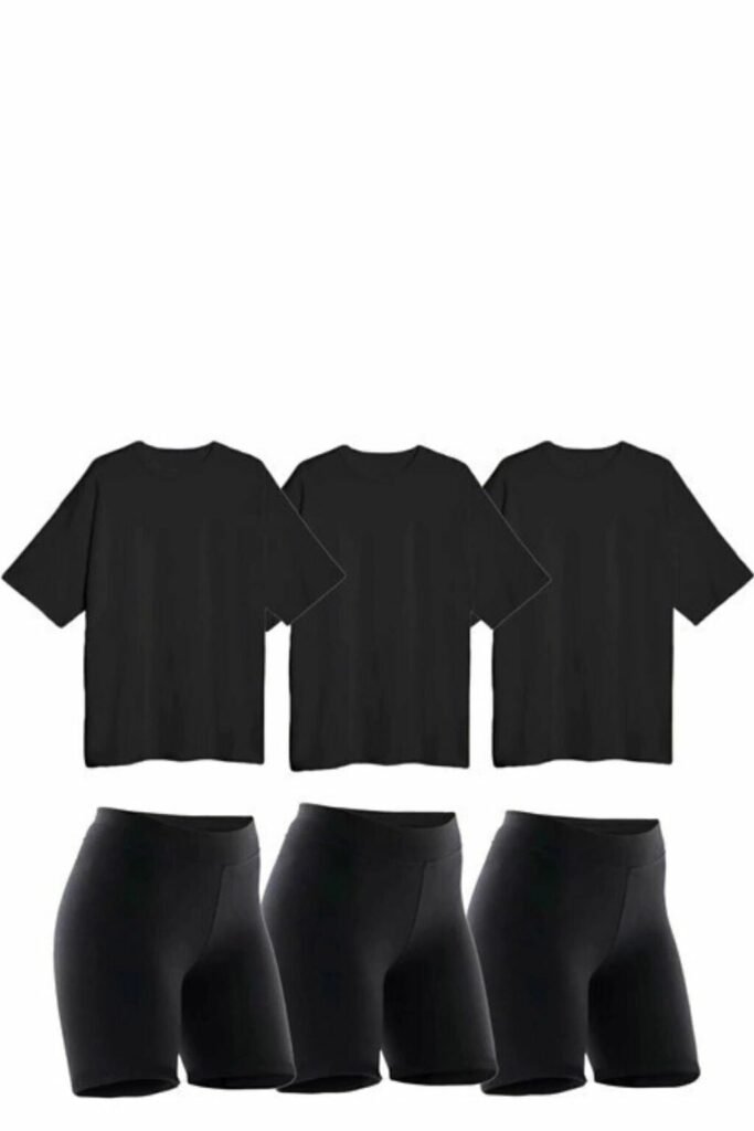 Combo 3 Calzas Biker 3 Remeras Over Mujer Deportivo Negro