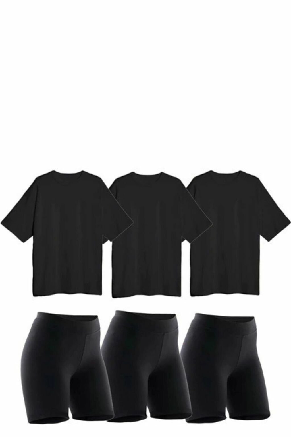 Combo de 3 calzas biker y 3 remeras over negras para mujer, ideal para actividades deportivas.