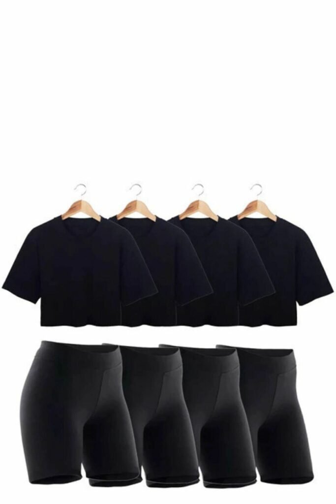 Combo 4 Calzas Biker 4 Boxy Crop Top Mujer Deportivo Negro