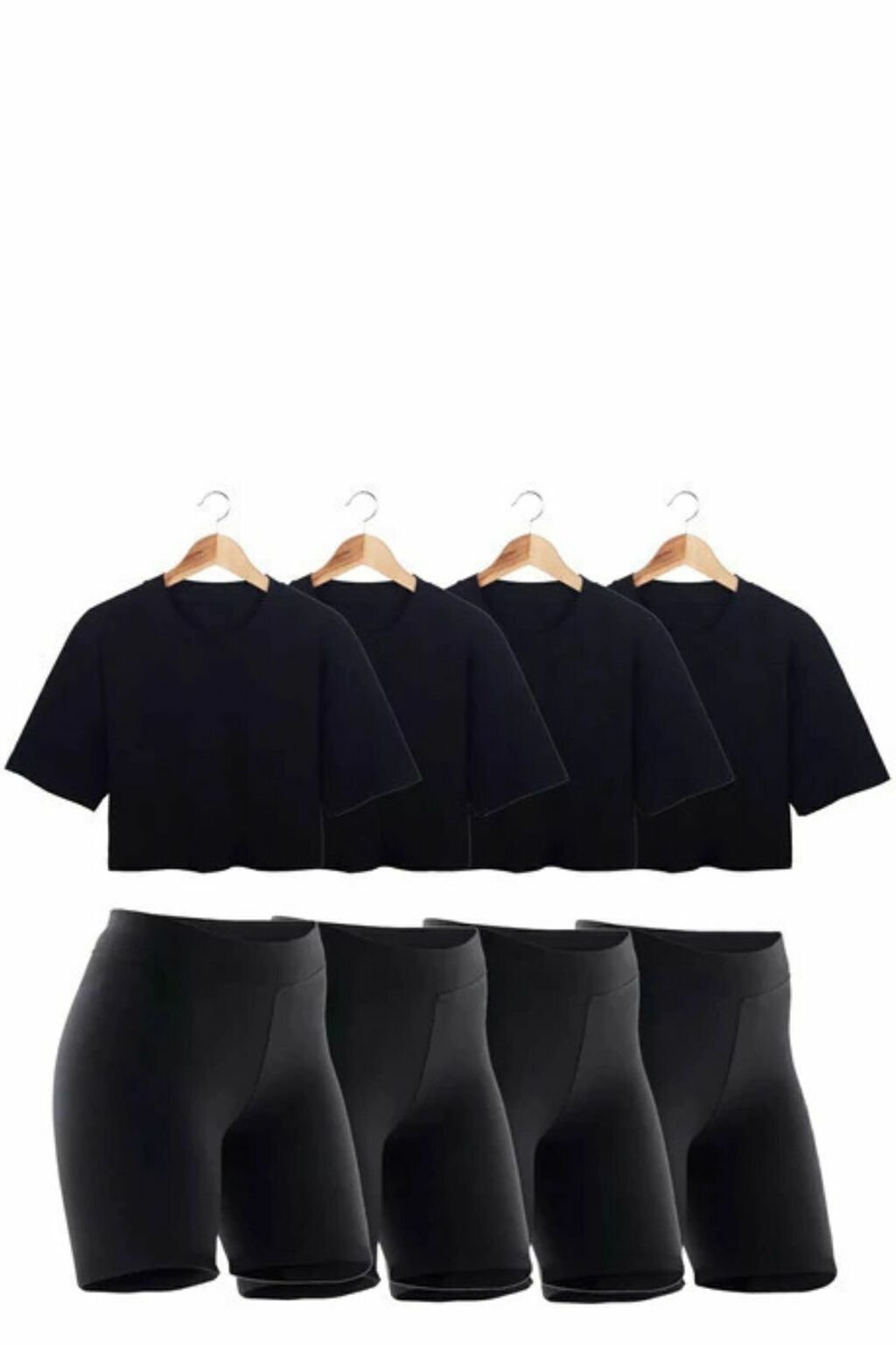 Combo de 4 calzas biker negras y 4 boxy crop tops deportivos negros para mujer colgados en perchas