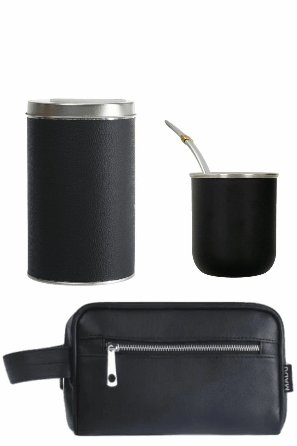 Kit matero que incluye un termo, un mate de acero y un neceser negro.