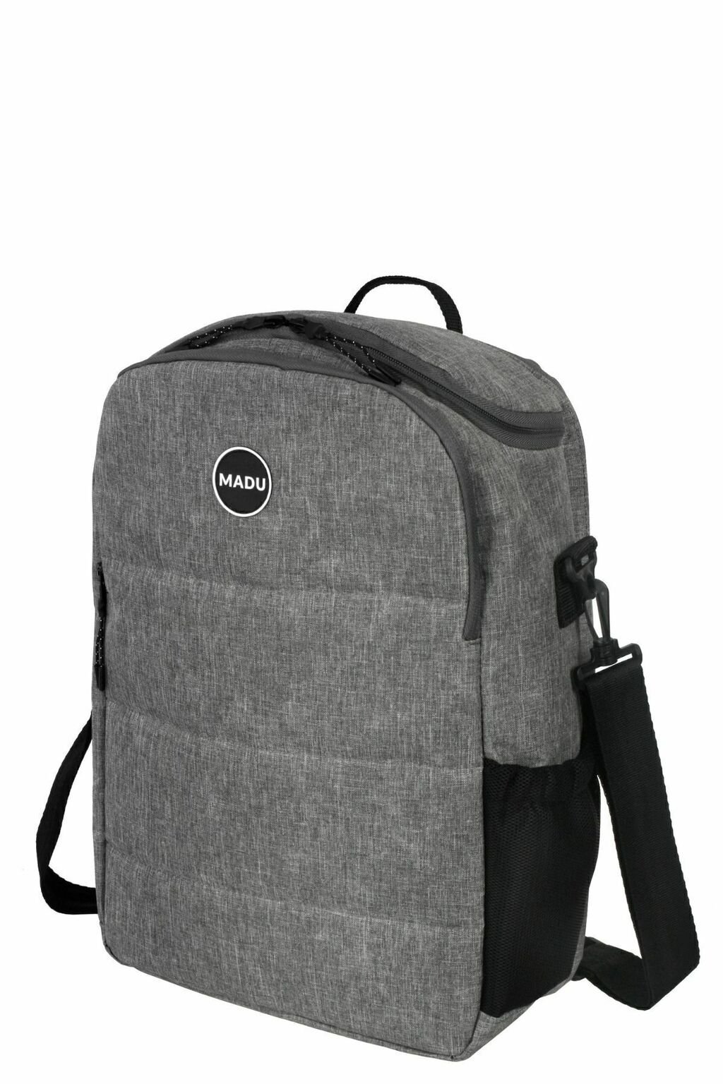 Mochila gris impermeable MADU con diseño cuadrado, bolsillos laterales y correa ajustable