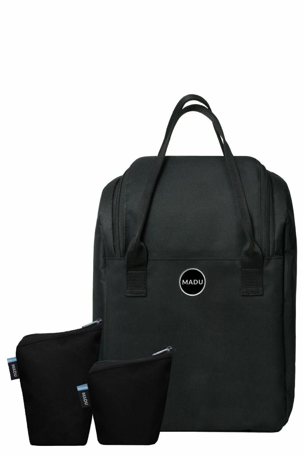 Set de mochila matera negra con dos estuches pequeños negros para yerba y azúcar