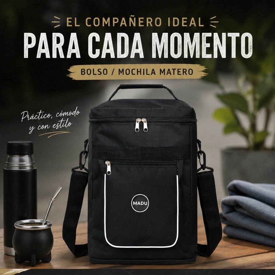 Bolso mochila matero Madu negro con termo y mate, el compañero para cada momento
