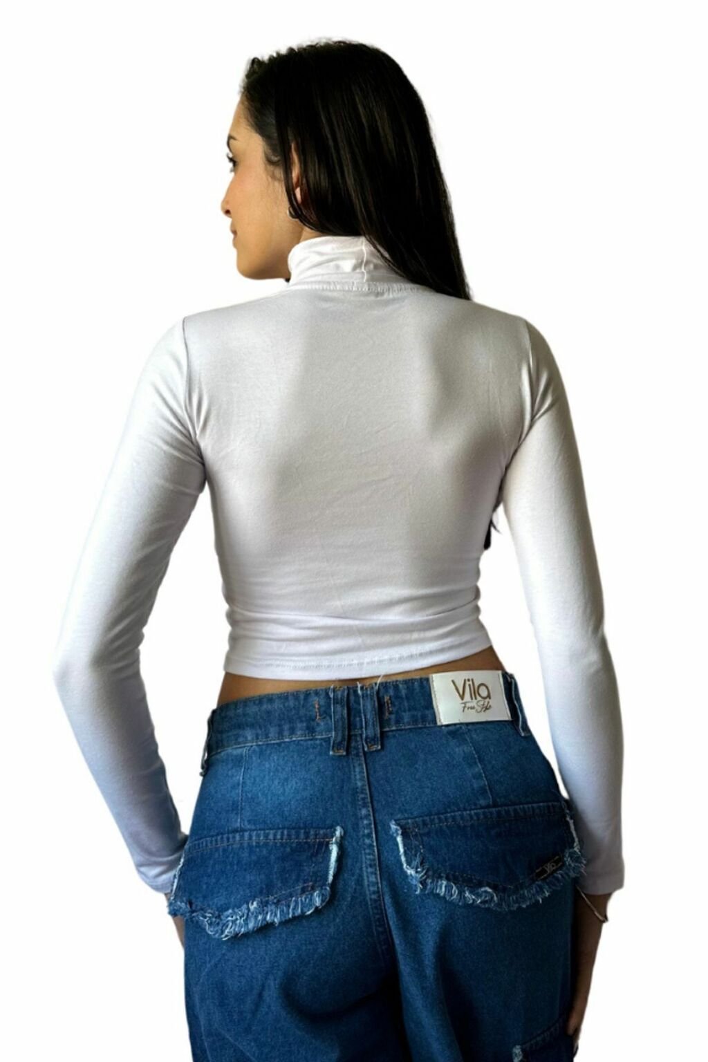 Camiseta Algodón Lisa Cuello Alto Básica Blanca Casual Mujer