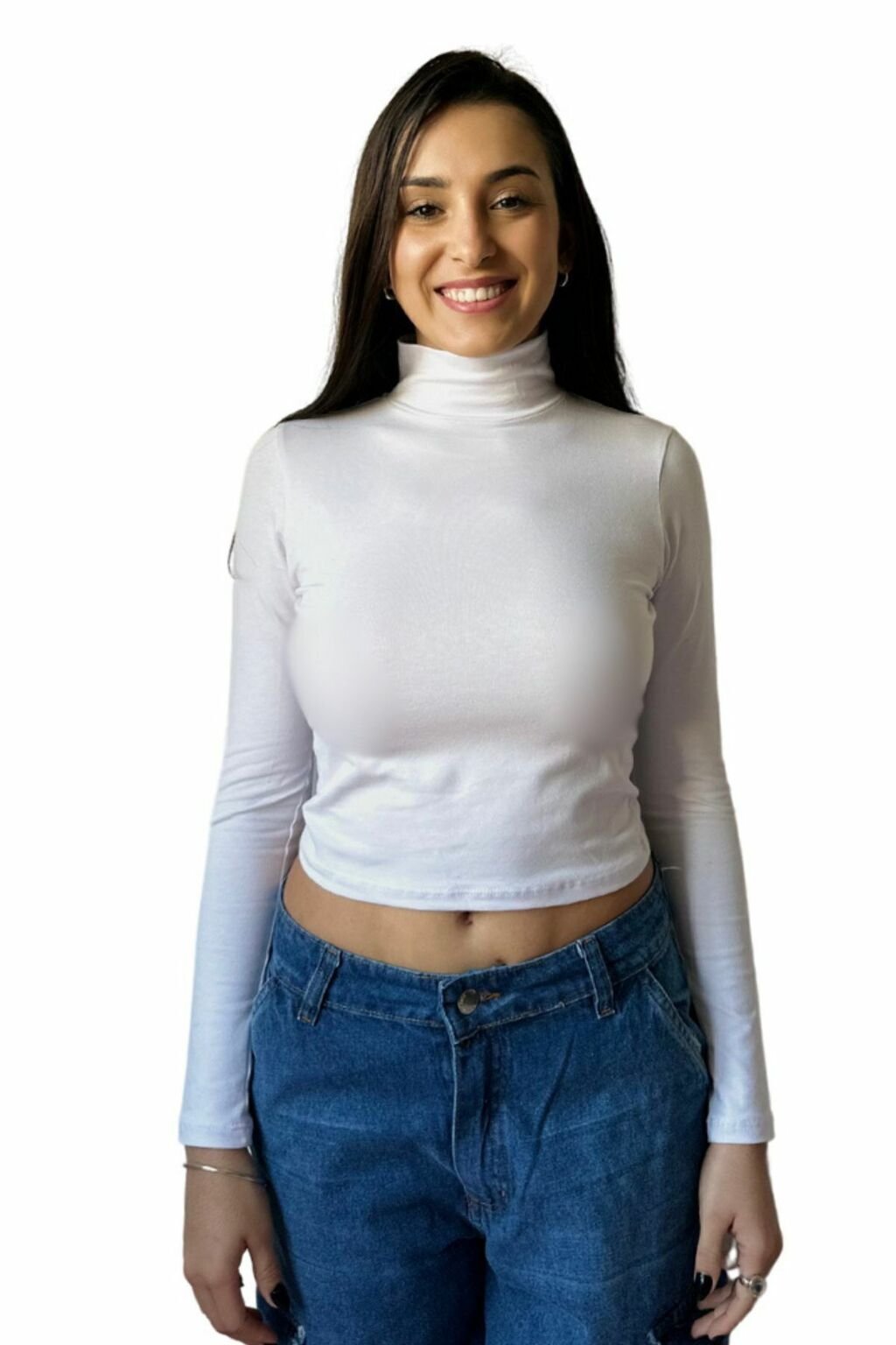 Camiseta Algodón Lisa Cuello Alto Básica Blanca Casual Mujer