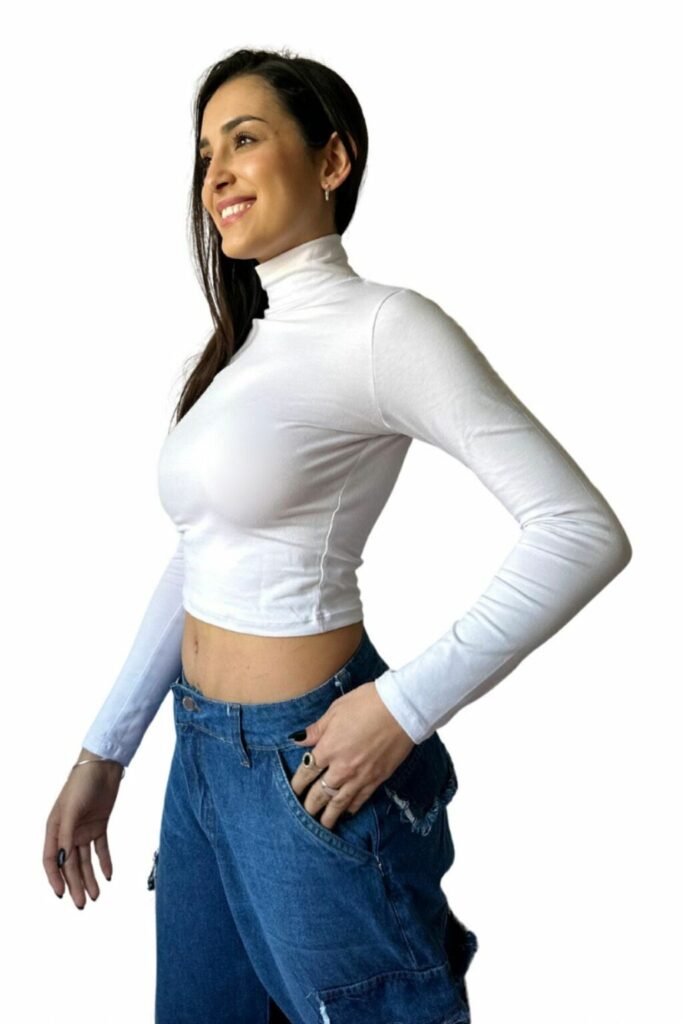 Camiseta Algodón Lisa Cuello Alto Básica Blanca Casual Mujer