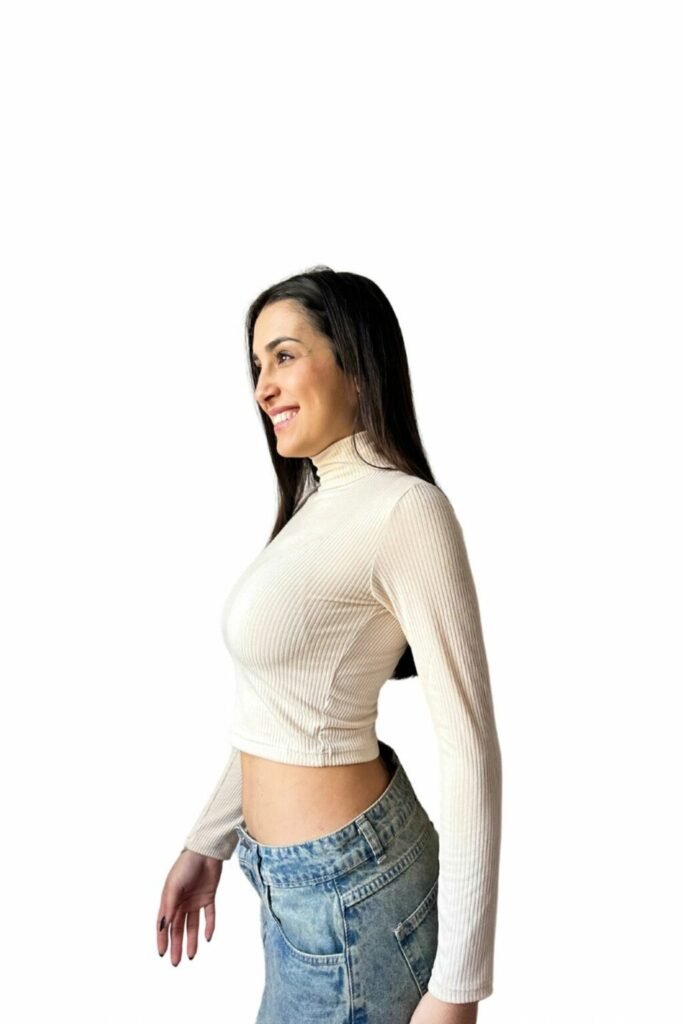 Camiseta Manga Larga Cuello Alto Morley Beige Casual Mujer