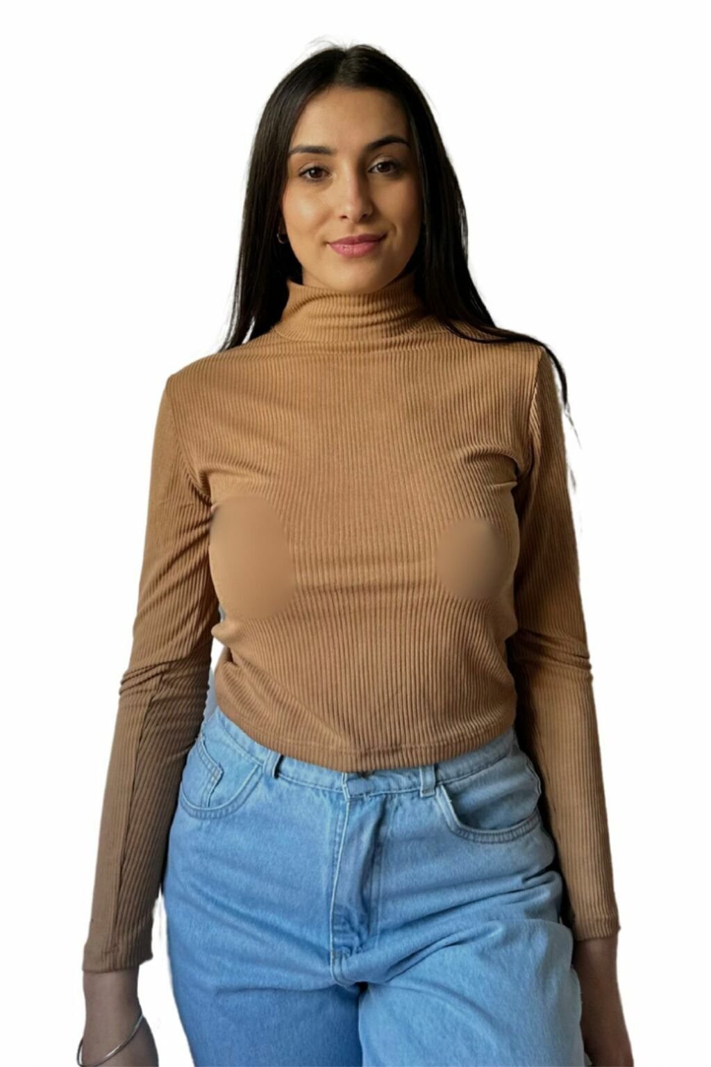 Camiseta Manga Larga Cuello Alto Morley Marron Casual Mujer