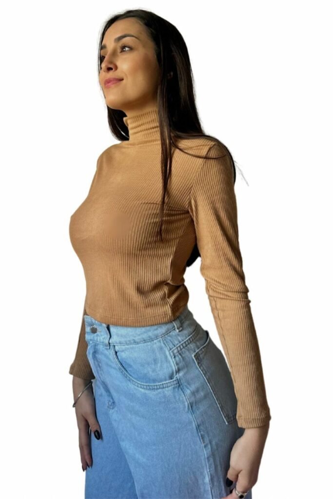 Camiseta Manga Larga Cuello Alto Morley Marron Casual Mujer