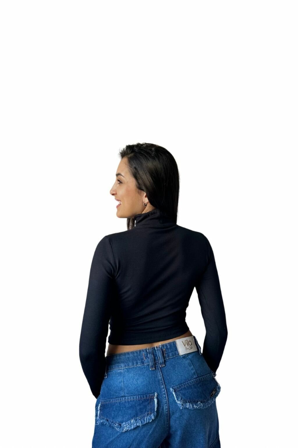Camiseta Algodón Lisa Cuello Alto Básica Casual Negra Mujer