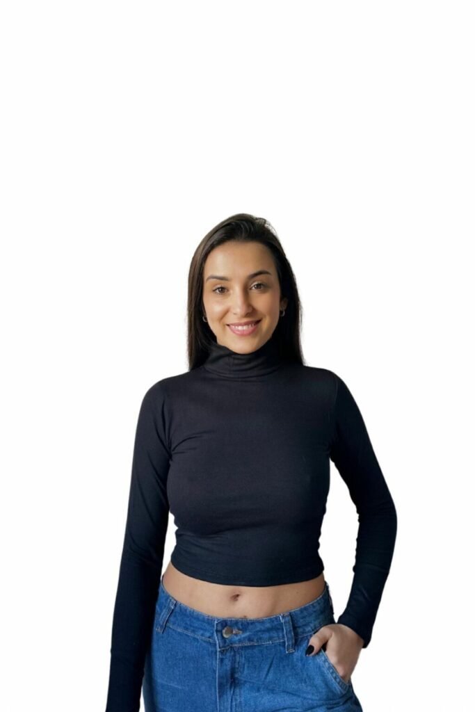 Camiseta Algodón Lisa Cuello Alto Básica Casual Negra Mujer