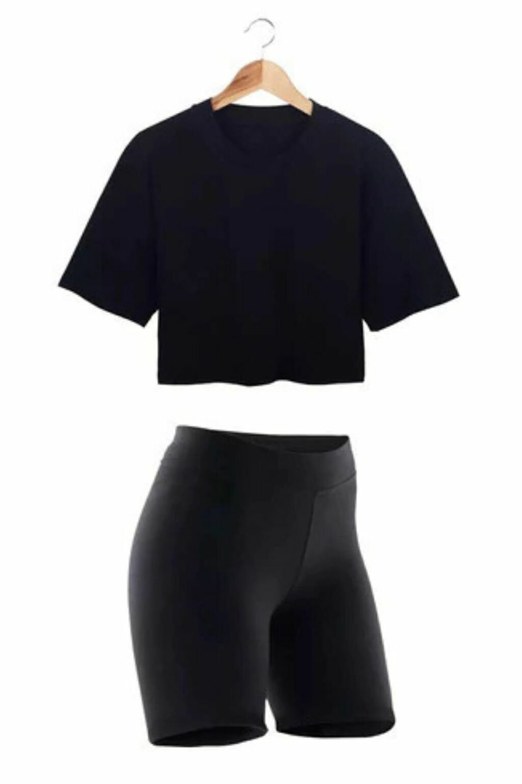 Conjunto Deportivo Mujer Remera Crop Top Y Calza Biker Negro