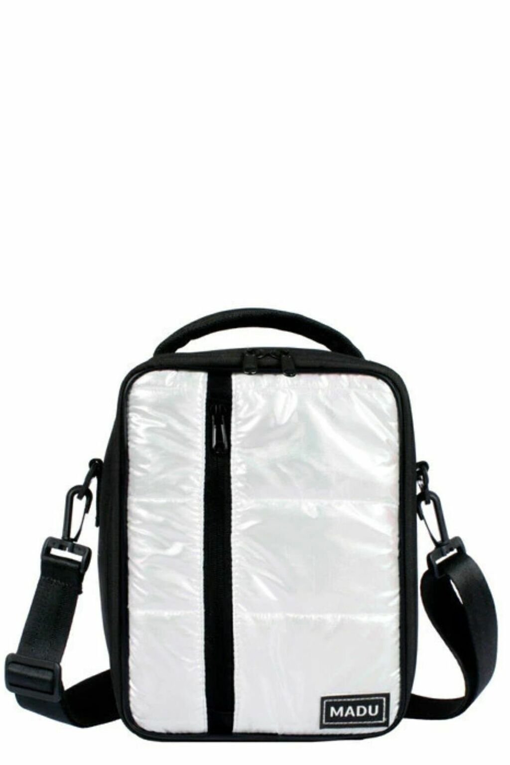 Lunchera térmica impermeable de la marca Madu, con diseño moderno en color blanco y negro.