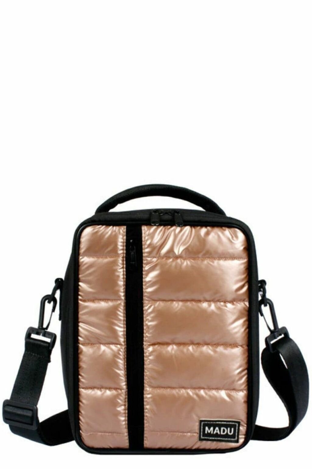 Lunchera térmica impermeable color dorado con detalles en negro y asa ajustable, modelo Bolso Premium Madu