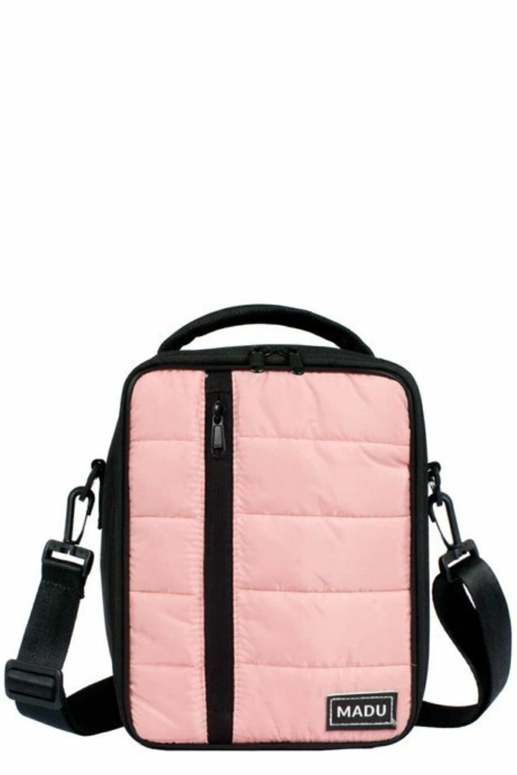 Lunchera térmica impermeable de color rosa con detalles en negro, marca Madu.