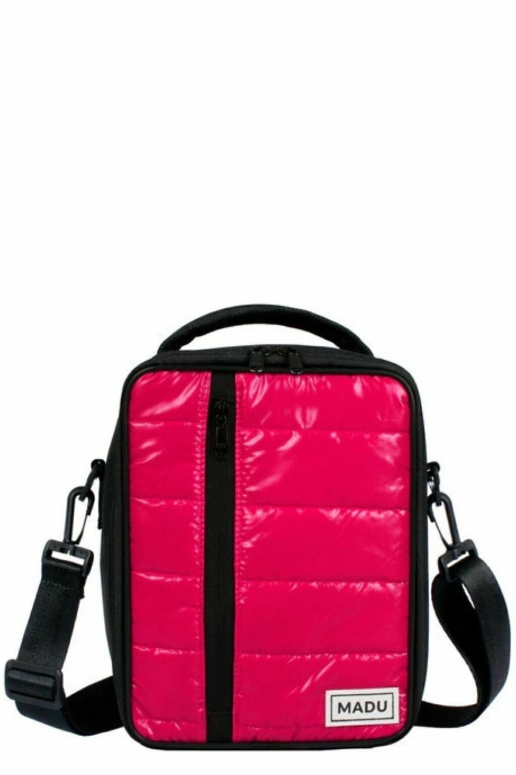 Lunchera térmica impermeable en color rosa con detalles en negro, marca Madu.
