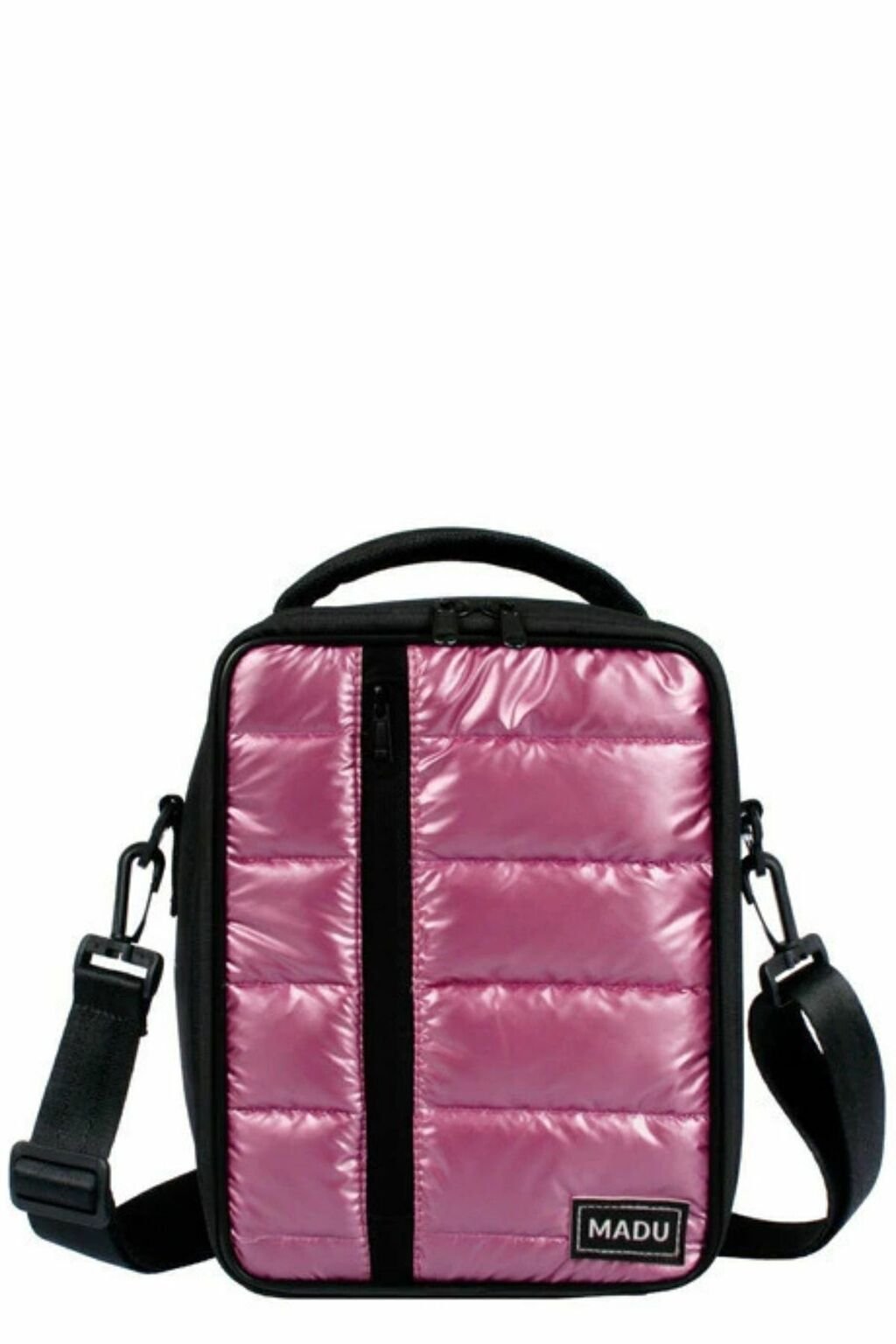 Lunchera térmica impermeable color rosa metalizado con asa superior y correa negra ajustable, diseño acolchonado rectangular