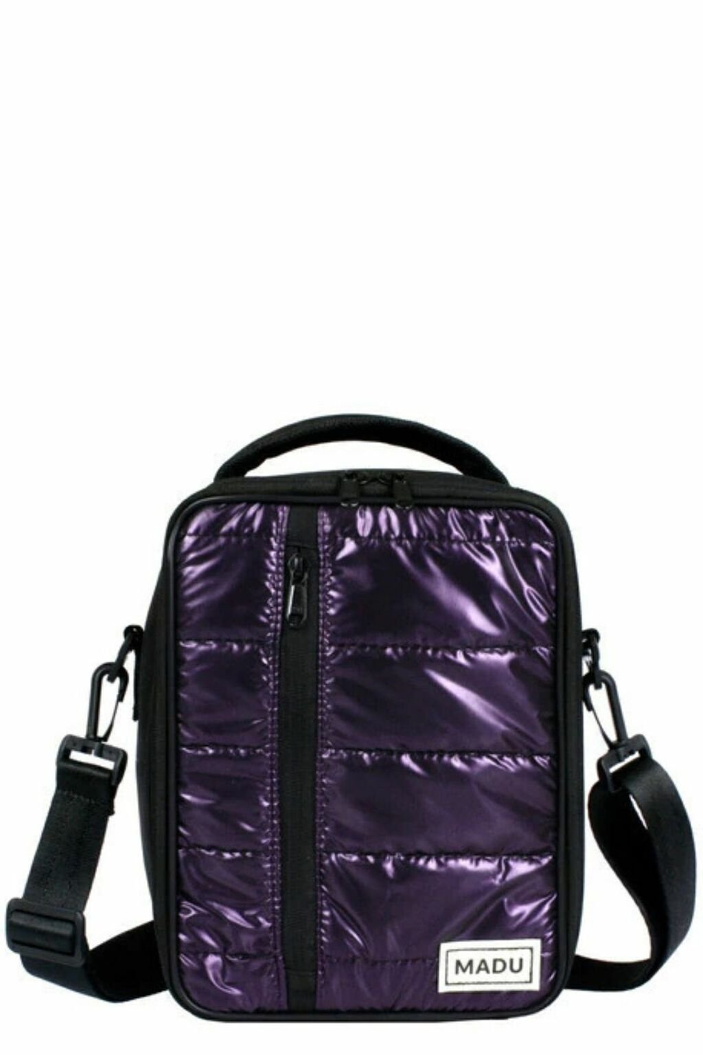 Lunchera térmica impermeable de color púrpura con diseño acolchado y asas ajustables.