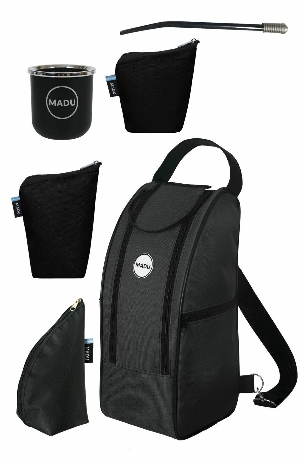 Set de matero completo con bolso, azucarera, bombilla y recipiente para mate Madu, todo en color negro.