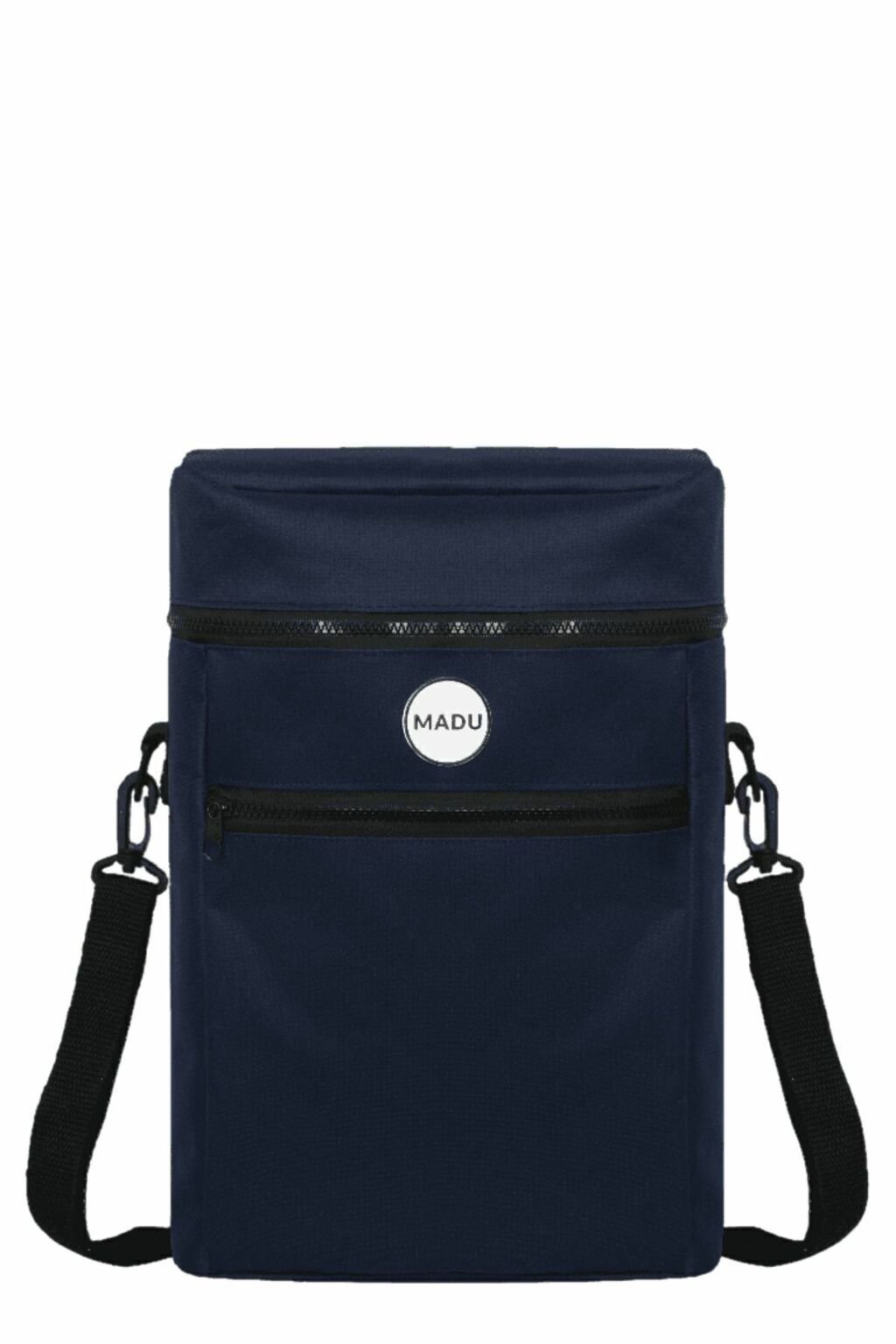 Mochila bolso matero 2 en 1 color azulcon logo MADU y cierre frontal negro