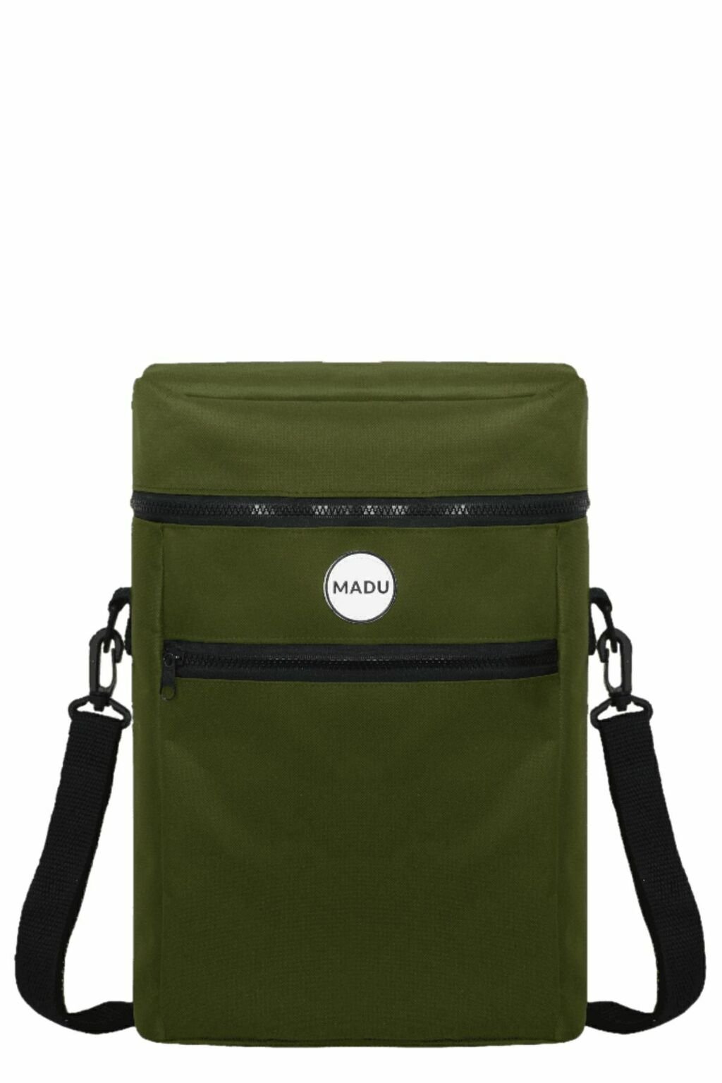 Mochila bolso matero 2 en 1 color verde con logo MADU y cierre frontal negro