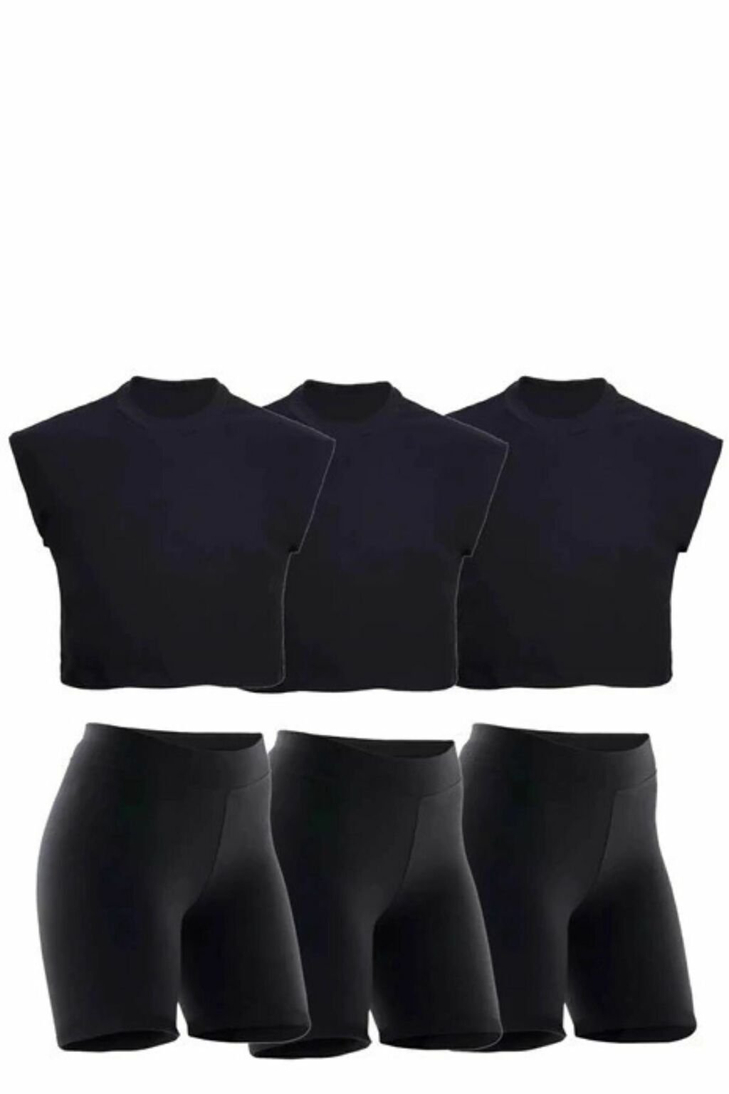 Combo de 3 musculosas crop y 3 calzas biker negras para mujer, ideal para actividades deportivas.