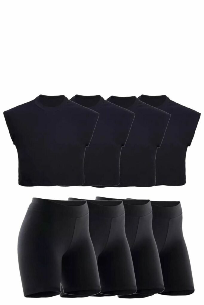 Combo 4 Calzas Biker 4 Musculosas Crop Mujer Deportivo Negro