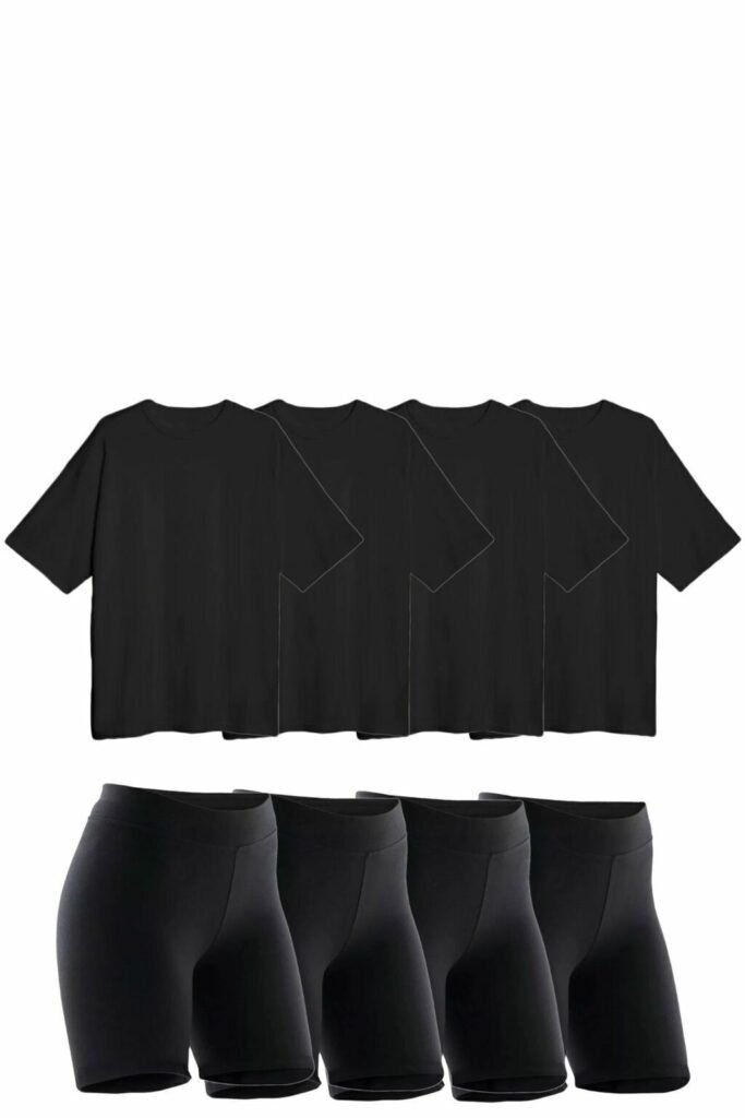 Combo 4 Calzas Biker 4 Remeras Over Mujer Deportivo Negro