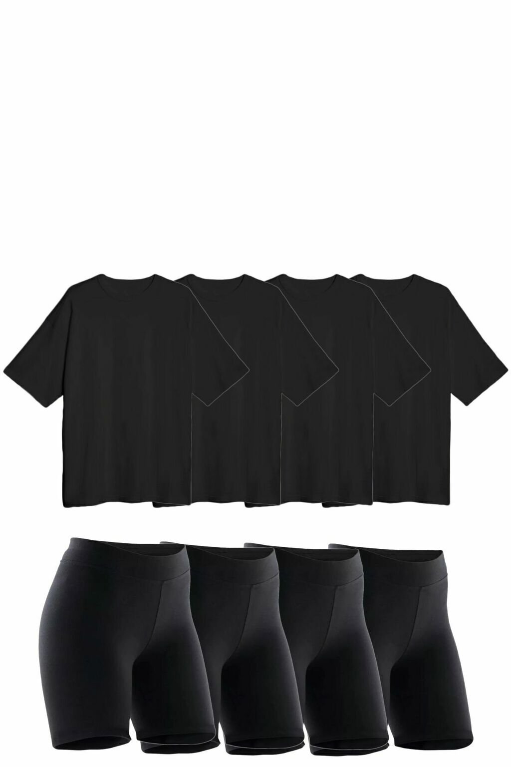 Combo de 4 calzas biker y 4 remeras de color negro para mujer, ideal para actividades deportivas.